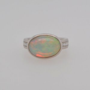 14K White Opal & Diamond Bezel Set Ring