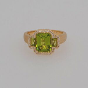 14K Three Stone Peridot & Diamond Ring