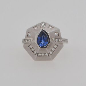 One of a Kind, 14K Pear Sapphire & Diamond Geometric Ring