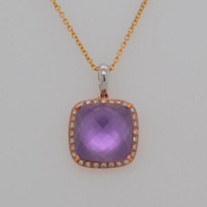 14K Two-tone Amethyst & Mother-of-Pearl Diamond Halo Pendant
